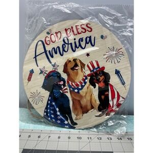 God‎ Bless America Patriotic Dogs Round Wood Door Hanger 4th of July Decor